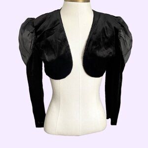 Vintage Black Velvet Bolero / Cropped Blazer w/ Sheer Shoulders - Small